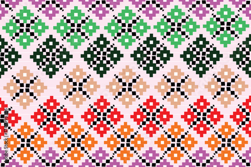 A colorful diamond-pattern design in vibrant shades of green, purple, red, orange, and black. Its rhythmic symmetry and bold palette create a lively, eye-catching look for modern fashion, interiors.