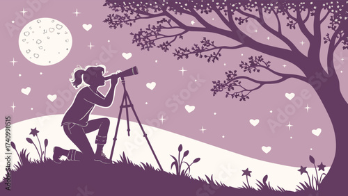 Silhouette of a young woman looking through a telescope at the full moon on a starry night with hearts floating