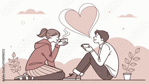 A couple sharing a romantic moment outdoors enjoying hot drinks with a heart symbol above them