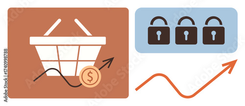 Shopping basket with upward arrow, coin, and rising graph alongside three locks. Ideal for online shopping, financial growth, security, e-commerce, data protection, business trends simple flat