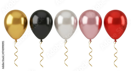 Five metallic balloons in gold black silver pink and red