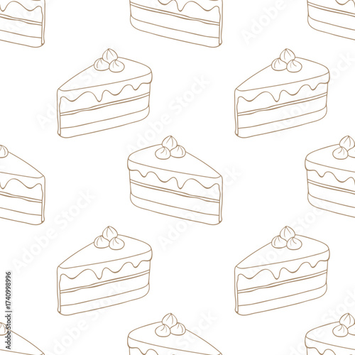 Cake pieces pattern, cake with cream and decorated with whipped cream. Contour drawing, on white background.
