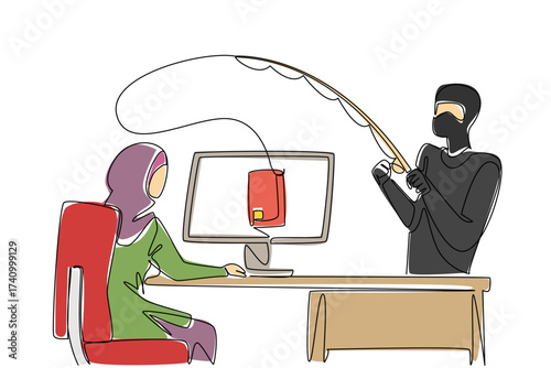 Single one line drawing an arab woman typing and thief fishing for credit card. Lack of concern for system security. National Senior Fraud Awareness Day. Continuous line design graphic illustration