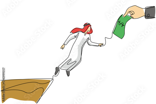 Single continuous line drawing an arab man jumps to reach the big hand holding the dollar bill. Investment trap. Illegal. National Senior Fraud Awareness Day. One line design vector illustration