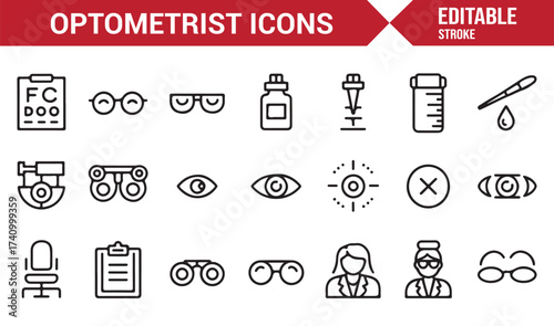 Vector line icon set of eye care and ophthalmology tools for medical purposes