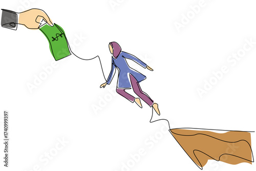 Continuous one line drawing an arab woman jumps to reach the big hand holding the dollar bill. Greed. Not profitable. National Senior Fraud Awareness Day. Single line draw design vector illustration