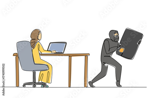 Continuous one line drawing an arab woman types on a laptop and the thief takes a large credit card. Hacking password. National Senior Fraud Awareness Day. Single line draw design vector illustration