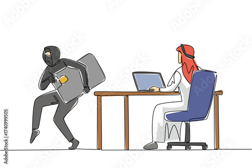 Single one line drawing an arab man types on a laptop and the thief takes a large credit card. Neglected. Busy. Hack. National Senior Fraud Awareness Day. Continuous line design graphic illustration