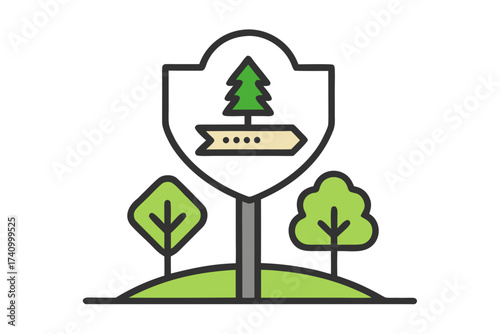 Protected area signpost icon with tree symbol design