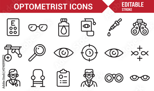 Editable stroke healthcare icon collection for optical and eye treatment concepts