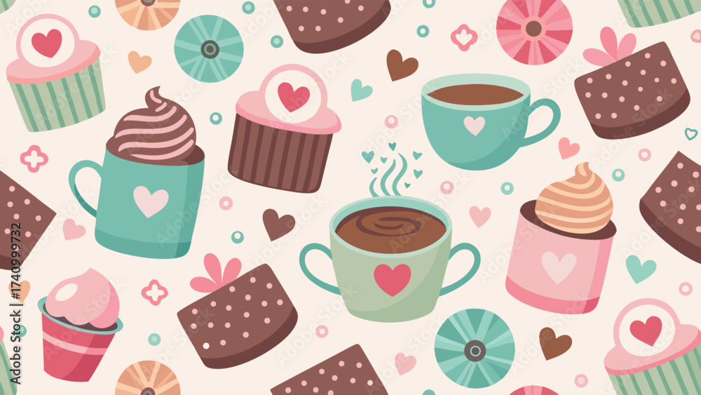 Fototapeta premium Sweet treats and warm drinks seamless pattern with cupcakes coffee mugs and chocolate slices on a light background