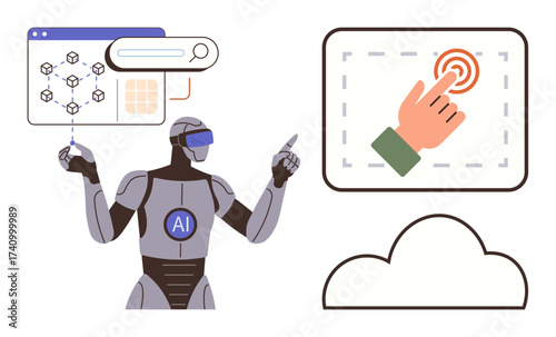 Robot with AI marking gestures toward data analytics screen, touchscreen button, and cloud icon. Ideal for technology, AI, automation, innovation, IoT, data processing digital transformation simple
