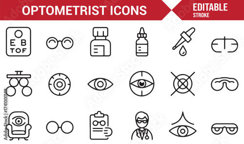 Optometrist and ophthalmology line icons set for eye care and medical design