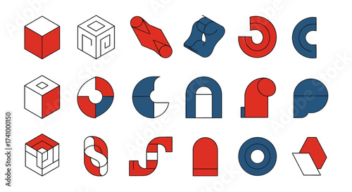 Bold isometric shapes in red and blue create a dynamic and modern visual, perfect for graphic design projects needing a geometric edge and playful touch