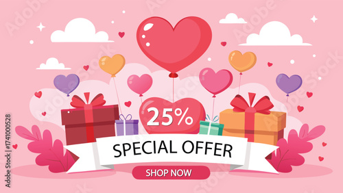 Valentine s day special offer with heart balloons gift boxes and sale discount announcement