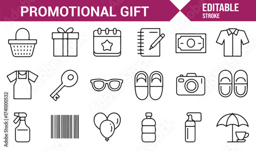 Marketing and branding gift icons pack with shirt, bottle, and balloon outlines