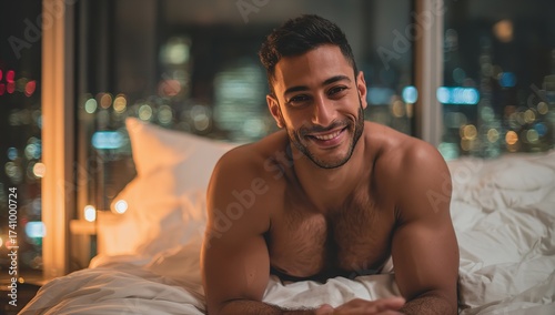 an attractive indian man relaxing in bed with a white pillow and blanket, his eyes closed in a serene expression. in the background, a window view shows the city's night lights, Generative AI.