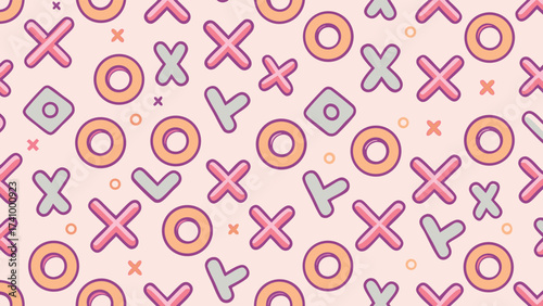 Seamless pattern of hand drawn tic tac toe game symbols in pastel pink and peach colors on a light background