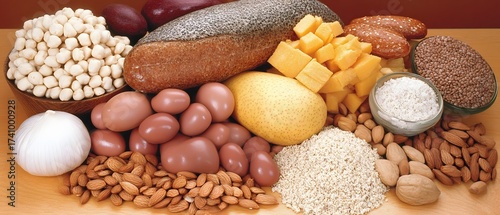 Food display showcasing various carbohydrate sources for healthy balanced diet