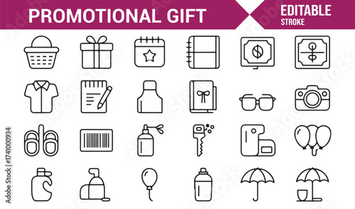 Business branding icon pack showing promotional products in outline vector style