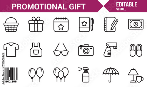 Vector line promotional gifts including basket, balloon, and key symbols