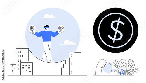 Person walking tightrope balancing light bulb and handshake over cityscape, black dollar sign, flourishing plant with strong root. Ideal for creativity, collaboration, balance, finance, innovation