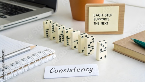 Domino tiles set up in a line demonstrating consistency