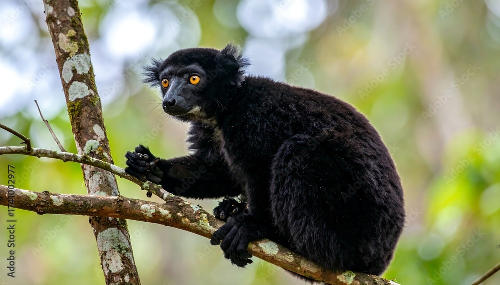 Obraz premium A curious primate with dark fur and striking amber eyes perches on a tree branch, looking attentively. The backdrop consists of blurred foliage