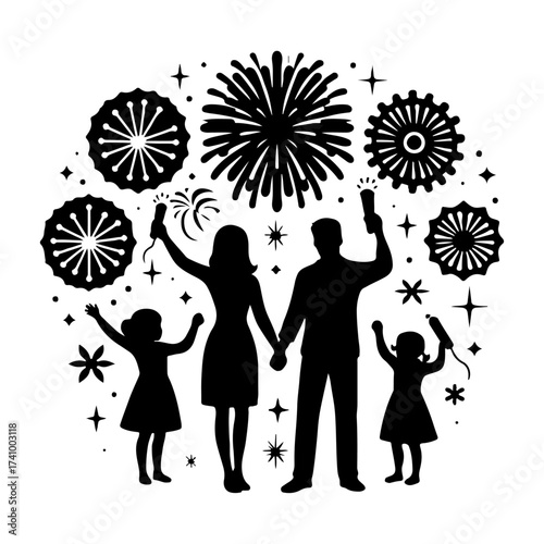 Happy family walking together silhouette
