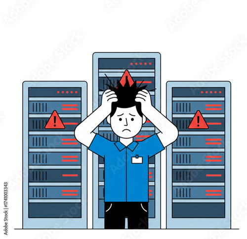 An IT technician is pulling his hair out of stress while the server behind him displays a warning symbol. Plain white background.