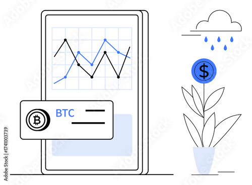 Smartphone displaying fluctuating graph and BTC card, plant symbolizing financial growth, rain cloud for nurturing. Ideal for finance, cryptocurrency, investment, growth, technology, analytics