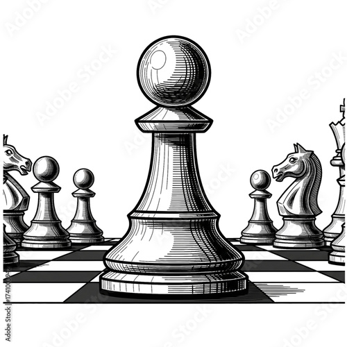 black and white illustration of chess pawns on a chessboard. isolated on a white background.