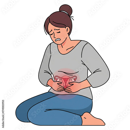 Illustration of a woman experiencing abdominal pain during menstruation. Isolated on a white background.