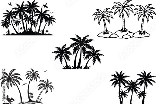 Black silhouette palm trees on white background various arrangements tropical island