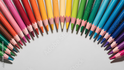 Vibrant arch of sharpened colored pencils on a white background
