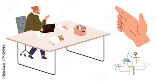 Man using laptop at desk with books, files, and phone next to a large hand gesture and digital network diagram. Ideal for technology, communication, productivity, remote work, collaboration