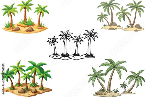 Collection of cartoon palm trees on sandy islands and in black and white tropical beach