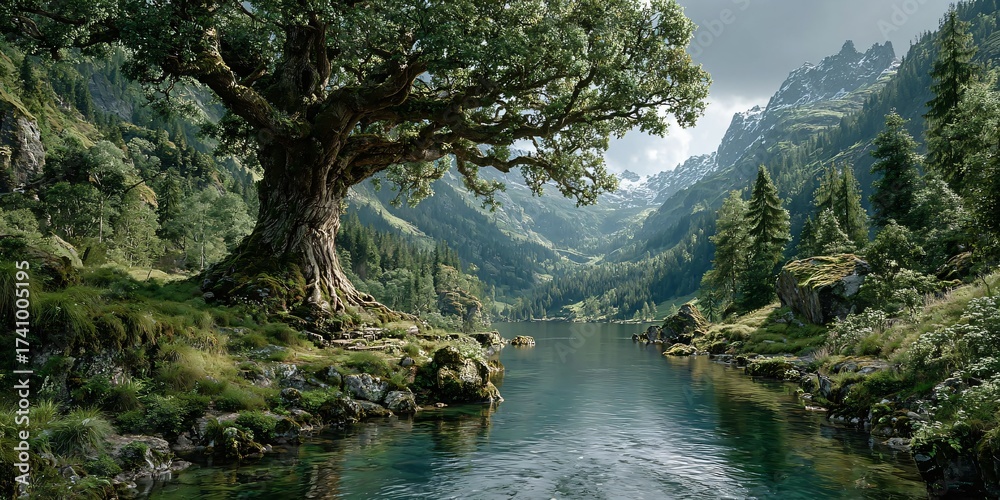 Obraz premium romantic summer landscape with lake mountains and the world tree, mystical yggdrasil tree of life in a serene summer paradise, phantastic landscape of the ancient norse world tree by the lake