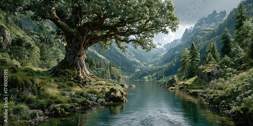 romantic summer landscape with lake mountains and the world tree, mystical yggdrasil tree of life in a serene summer paradise, phantastic landscape of the ancient norse world tree by the lake