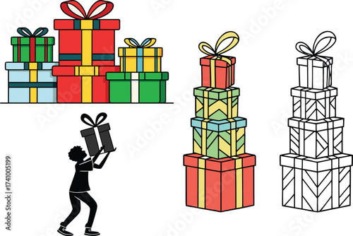 Stacked gift boxes and silhouette of person holding gift present pile