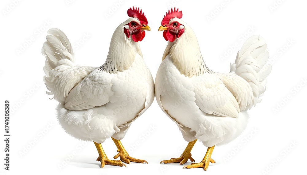 Fototapeta premium Two chickens in full view, facing each other. Feathers are white with touches of gray, red combs, and yellow legs