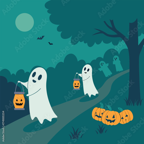 A charming and whimsical cartoon illustration of a ghostly parade on Halloween night. 