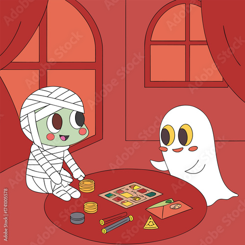 A charming and wholesome kawaii-style illustration of two cute monster friends, a mummy and a ghost, playing a board game. 