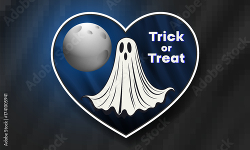 Vector heart sticker, badge. Cartoon night comical flying ghost and toon moon. Halloween. Trick or treat. Icon