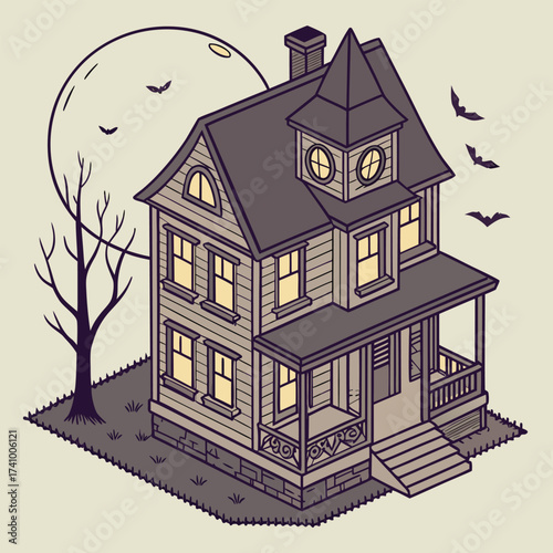 A detailed isometric illustration of a classic Victorian haunted house at night