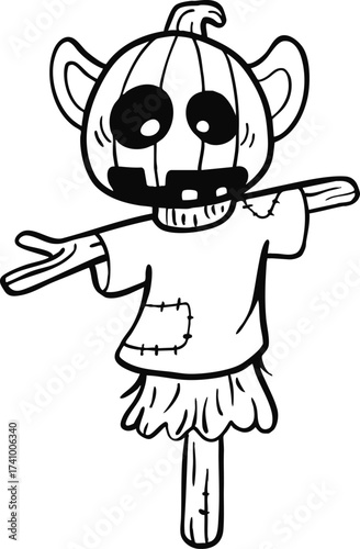 illustration scary halloween pumpkin scarecrow hand drawn outline concept