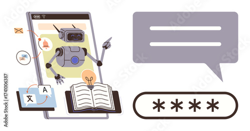Robot inside a mobile screen pointing at a password field, translation icons, and open book with light bulb. Ideal for AI, chatbot, translation, learning, cybersecurity, innovation communication