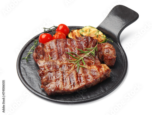 Tableau sur toile Delicious grilled beef steak with rosemary, zucchini and tomatoes isolated on wh