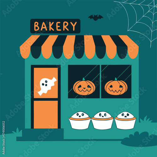 A charming and cute cartoon illustration of a bakery decorated for Halloween.