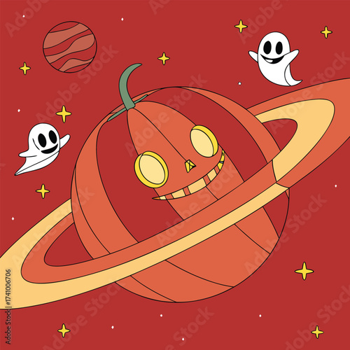 A fun and whimsical cartoon illustration depicting a cosmic Halloween scene
